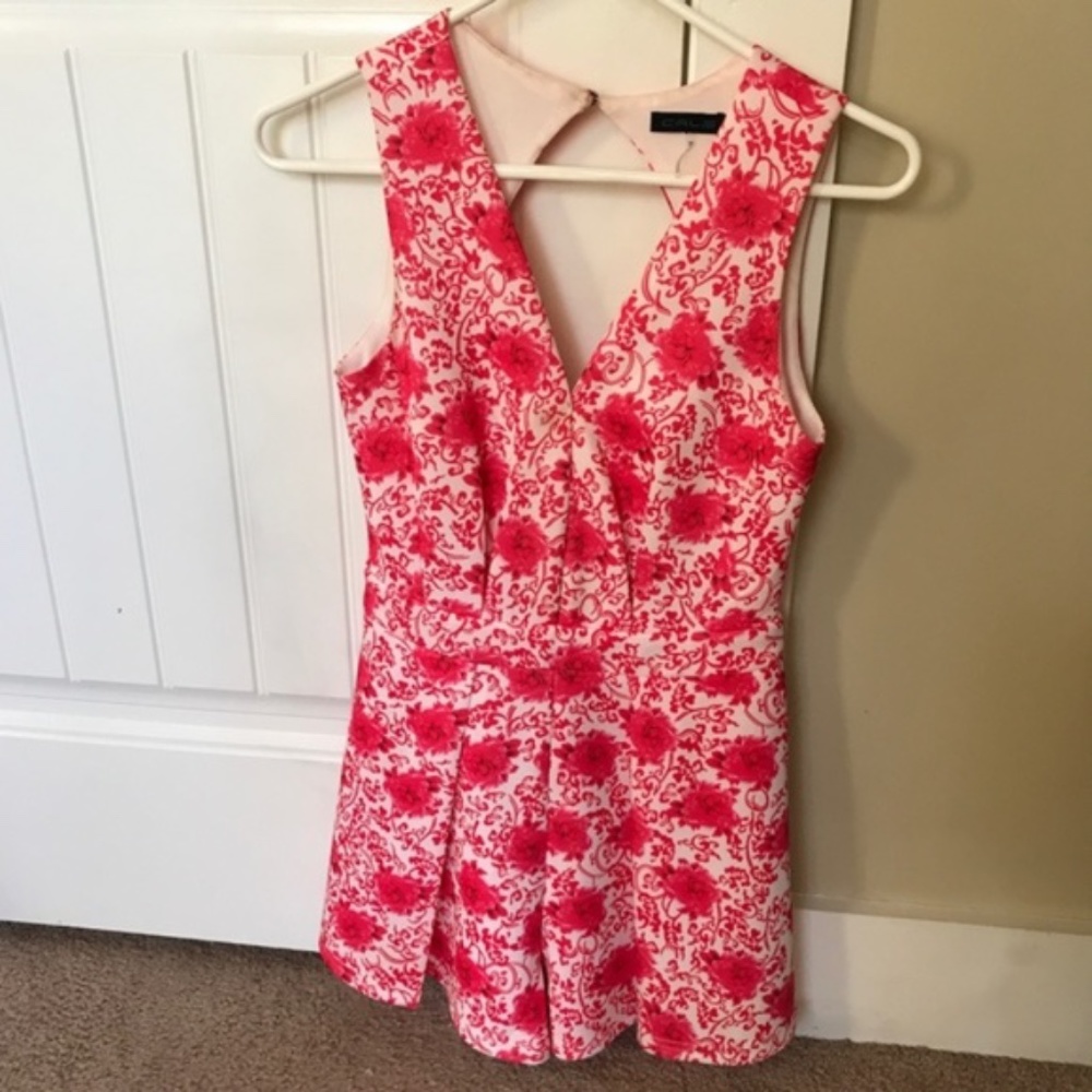 Lulu's Deep V Neck Floral Hot Pink OpenBack Romper